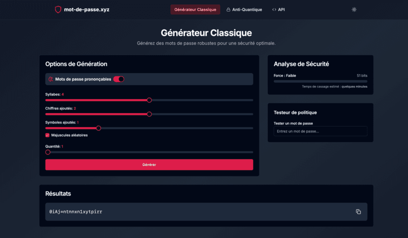 Nous lançons mot-de-passe.xyz : un générateur de mots de passe complexes (et anti-quantique), gratuit et sans compte